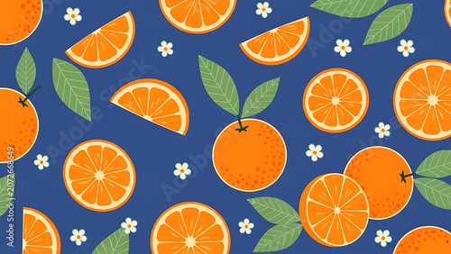 Colorful flat lay pattern of fresh orange slices and small white flowers on a dark blue background with background