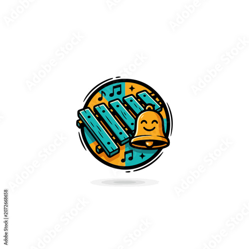 Bild auf Leinwand Marimba Musical Emblem Badge With Turquoise Resonator Bars Golden Bell And Decor