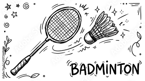 Hand Drawn Badminton Racket and Shuttlecock Sketch with Decorative Elements.