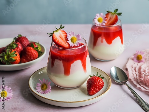 Strawberry Panna Cotta Dessert with Fresh Flowers on Pink Table