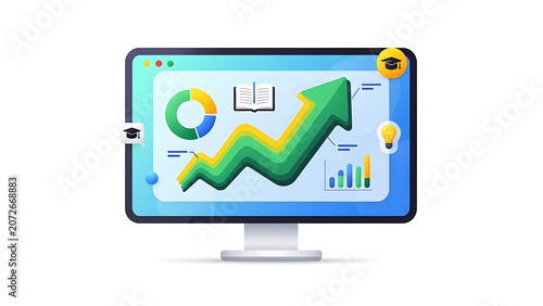Computer monitor displaying professional business growth charts and analytics with upward arrow computer business