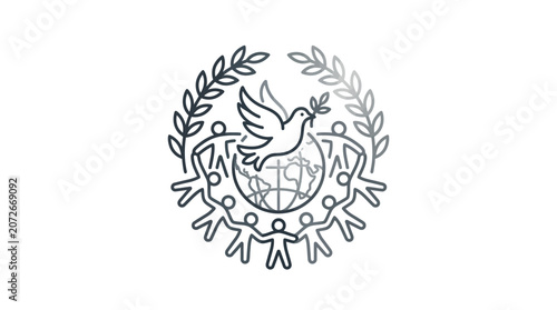 People holding hands around globe with dove and wreath.