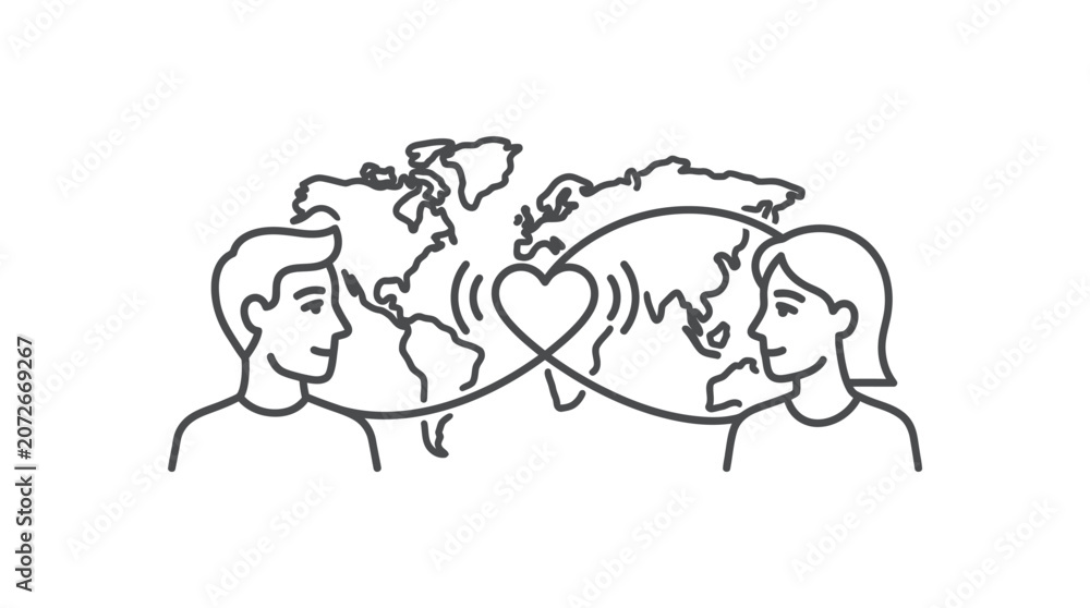 Obraz premium Two people connected by a heart over a world map.