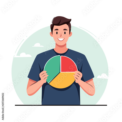Man holding colorful pie chart vector illustration