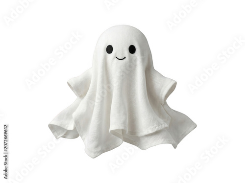 Cute plush ghost toy with happy embroidered face floating gently during Halloween celebrations isolated on transparent background