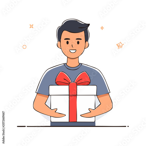 Man holding wrapped gift box in flat vector style