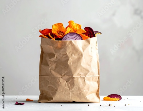 A brown paper bag overflowing with colorful vegetable chips