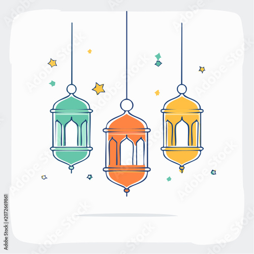 Three colorful Islamic lanterns hanging with stars and confetti