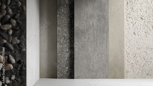 Architectural display featuring polished concrete exposed aggregate microcement raw concrete and decorative plaster textures, modern interior design