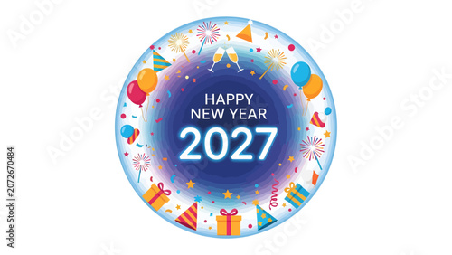 Quadro su tela Happy New Year 2027 Celebration: A vibrant and festive graphic design encapsulates the joy and excitement of ringing in the New Year with colorful balloons, gift boxes, champagne flutes