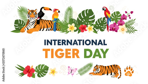 Foto Tropical Celebration for International Tiger Day: A vibrant illustration featuring tigers, exotic birds like toucans and parrots, lush tropical foliage, and colorful flowers