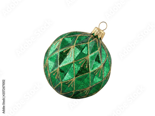 Emerald green quilted Christmas ornament with golden thread detail on transparent background