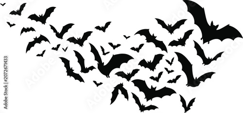 Flock of black bats flying