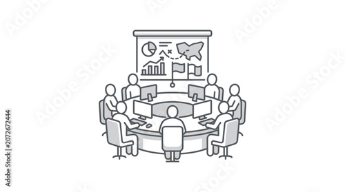 Business team meeting in strategic command center office.