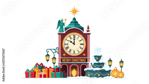 Fotografie Christmas Eve Clock Tower: A charming clock tower adorned with festive decorations, including a star-topped spire, angelic figure, lanterns, and a bounty of presents