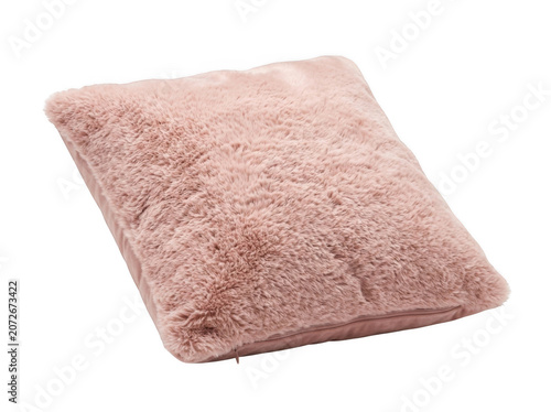 Fluffy blush faux fur throw pillow with soft texture in studio lighting isolated on transparent background