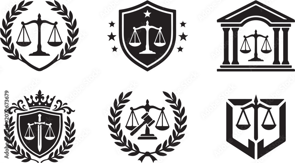 Obraz premium Justice, law, and order icons, black vector set, scales of justice, legal emblems