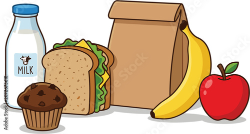 Photos School lunch box bag vector illustration with a sandwich milk bottle chocolate m