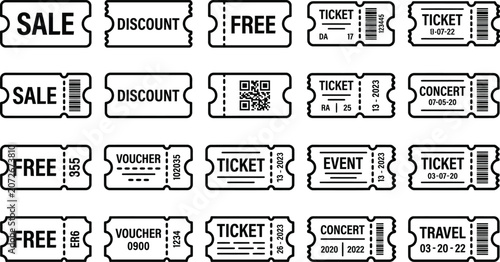 Collection of ticket icons including sale discount free voucher event concert and travel in a simple flat vector design for promotions and applications