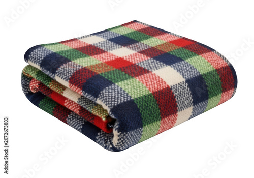Folded plaid wool blanket with cozy texture during winter season isolated on transparent background