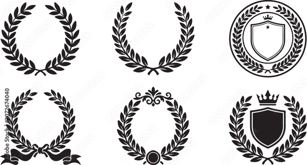 Fototapeta premium Vintage laurel wreaths, elegant crests, heraldic shields, black vector icons