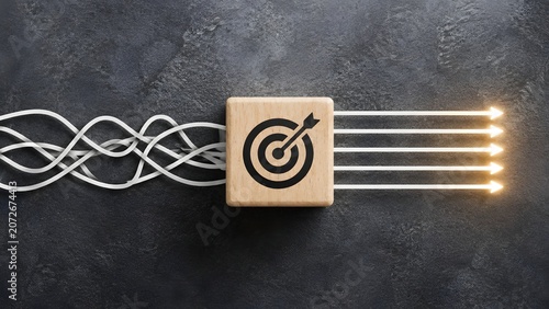 Wooden block with target icon transforming tangled lines into straight arrows. Concept of business problem solving, complex workflow simplification, and strategic project management.