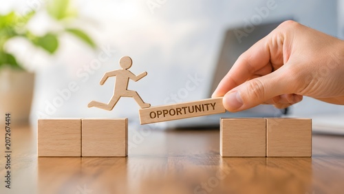 Male hand placing wooden opportunity block for figure crossing gap. Concept of business risk management, career advancement strategy, and corporate support solution.