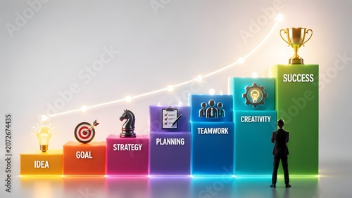 Businessman standing facing colorful block stairs with business icons and golden trophy. Concept of career advancement strategy, corporate project planning, and success.