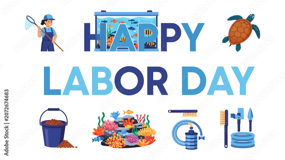 Fototapeta premium Happy Labor Day: An illustration celebrating Labor Day with imagery of marine life and aquarium care, featuring a person with a net, a turtle, a fish tank, coral, and cleaning tools.