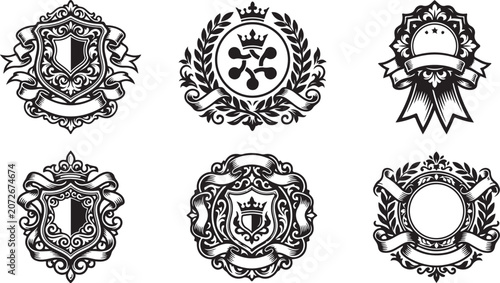 Vintage crest, shield, and badge vector icons, ornate heraldry emblems, 6 decorative logos