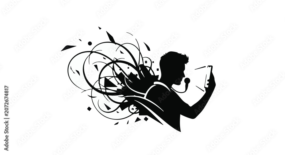 Fototapeta premium Silhouette of person speaking into microphone with abstract creative energy bursting outwards.