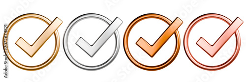 3D Metallic Check Mark Icon Set in Gold Silver Bronze and Rose Gold Isolated on Transparent Background