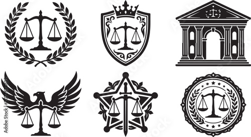 Justice, law, and order icons, scales of justice, legal emblems, black and white vector graphics