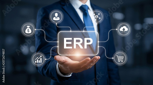 Businessman holding ERP enterprise resource planning icon virtual screen concept