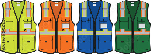 High Visibility Mesh Safety Vests Vector Set with ID Badge Holder Pockets in Lime Yellow Orange Blue and Dark Green