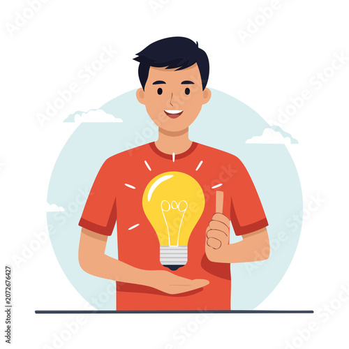 Smiling man holding light bulb with thumbs up
