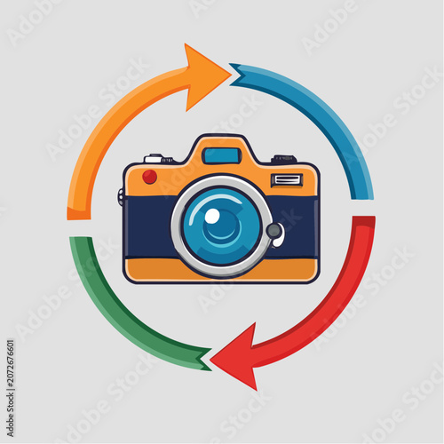 Camera with circular arrows representing a process or cycle