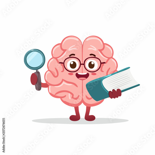 Cartoon brain character holding a magnifying glass and a book