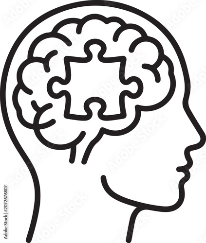 Human Head Profile with Brain Jigsaw Puzzle Piece Line Art Vector Illustration