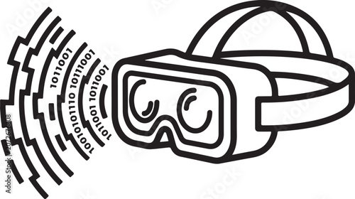 Virtual Reality VR Headset Goggles with Binary Code Waves Line Art Vector Illustration