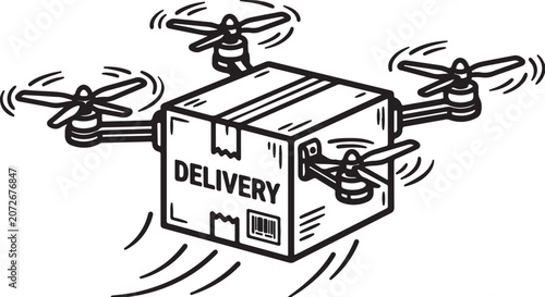 Flying Drone Carrying Cardboard Package Box Fast Delivery Line Art Vector Illustration