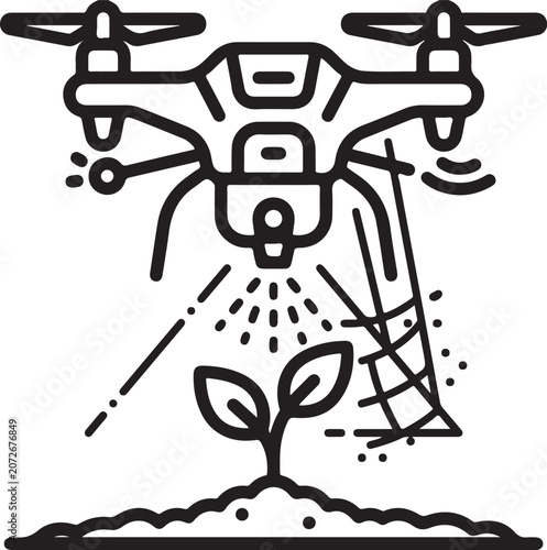 Agricultural Drone Spraying Crops and Monitoring Plant Growth Line Art Vector