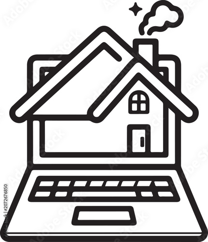 Laptop Computer with House and Smoking Chimney Line Art Vector Illustration