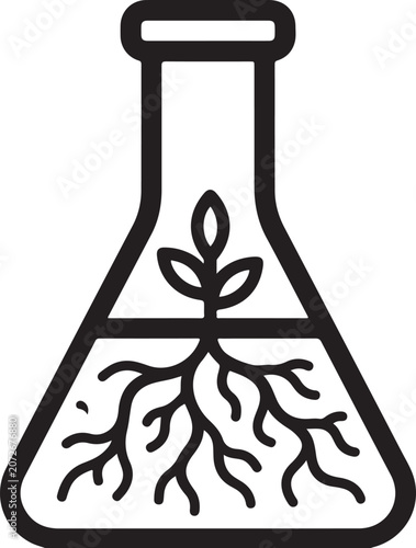 Plant Growing Inside Science Lab Flask Vector Line Art Illustration