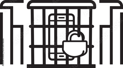 Smartphone Locked Inside a Prison Cell Cage Line Art Vector Illustration