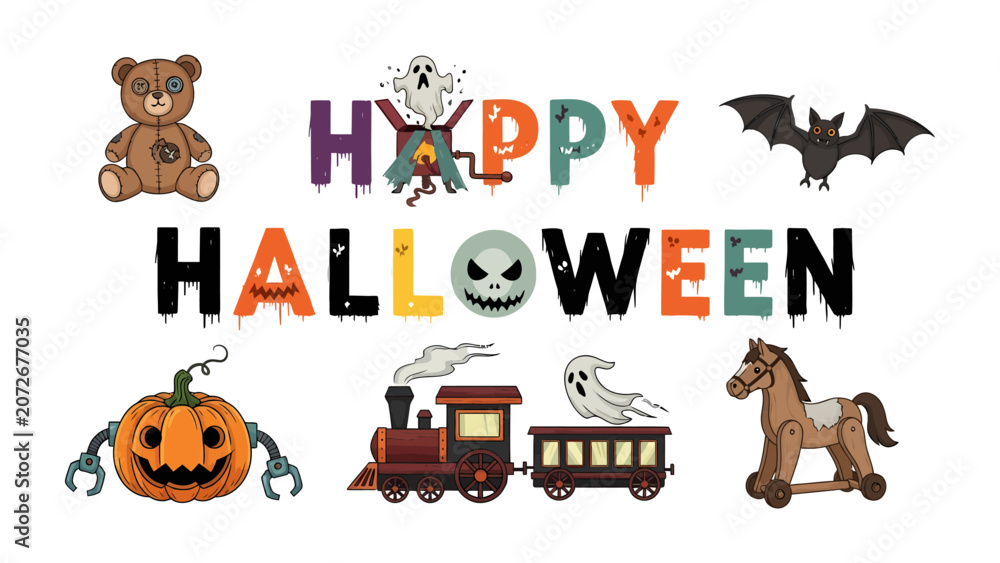 Fototapeta premium Happy Halloween Graphic: A playful collection of Halloween-themed graphics including a teddy bear, a bat, a jack-o'-lantern with robotic arms, a toy train with a ghost, and a rocking horse.