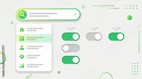 Modern user interface design elements for web application development search bar, navigation menu, and toggle switches, enhancing digital experiences