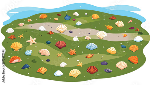 Seashells on a green surface.