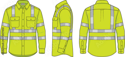High Visibility Safety Yellow Long Sleeve Work Shirt Vector Technical Template with Front Back and Side Views Reflective Workwear Apparel Mockup