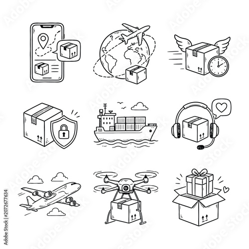  Shipping and delivery doodles set